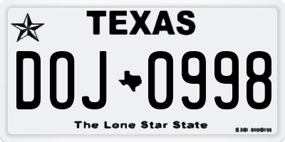 TX license plate DOJ0998