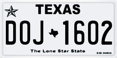 TX license plate DOJ1602