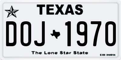 TX license plate DOJ1970