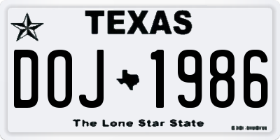 TX license plate DOJ1986