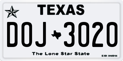 TX license plate DOJ3020