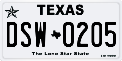 TX license plate DSW0205