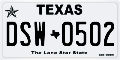 TX license plate DSW0502