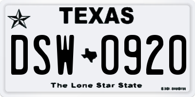 TX license plate DSW0920