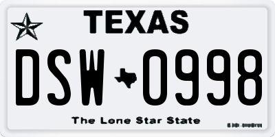 TX license plate DSW0998