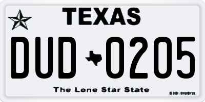 TX license plate DUD0205