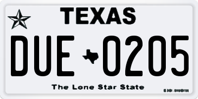 TX license plate DUE0205