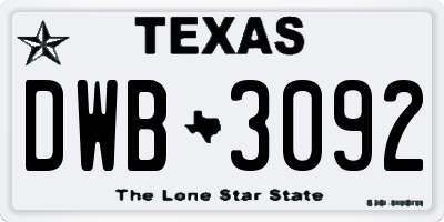 TX license plate DWB3092