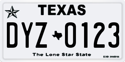 TX license plate DYZ0123