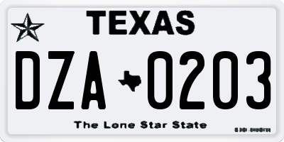 TX license plate DZA0203