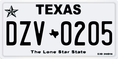 TX license plate DZV0205