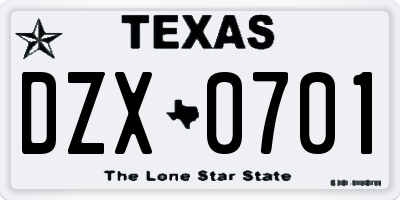 TX license plate DZX0701