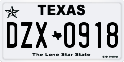 TX license plate DZX0918