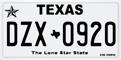 TX license plate DZX0920