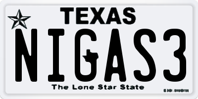 TX license plate NIGAS3