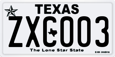 TX license plate ZXC003