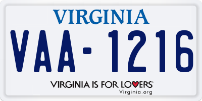 VA license plate VAA1216