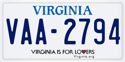 VA license plate VAA2794