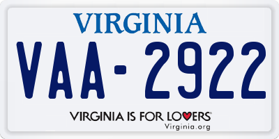 VA license plate VAA2922