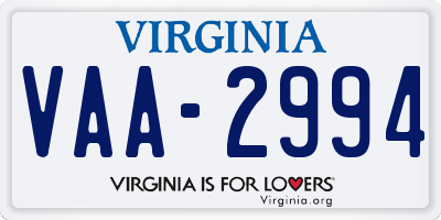 VA license plate VAA2994