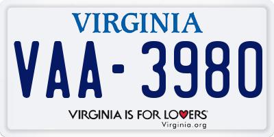 VA license plate VAA3980