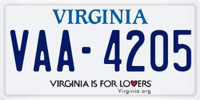 VA license plate VAA4205