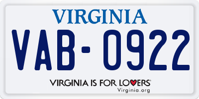 VA license plate VAB0922