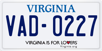 VA license plate VAD0227