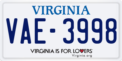 VA license plate VAE3998
