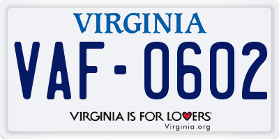 VA license plate VAF0602