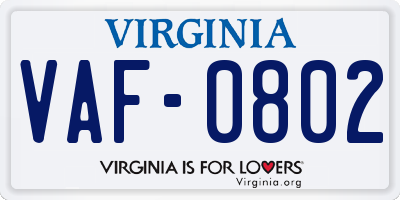 VA license plate VAF0802