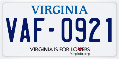 VA license plate VAF0921