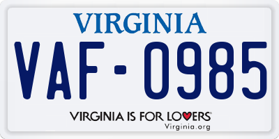 VA license plate VAF0985