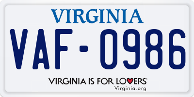 VA license plate VAF0986