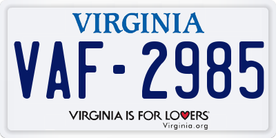 VA license plate VAF2985