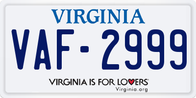 VA license plate VAF2999