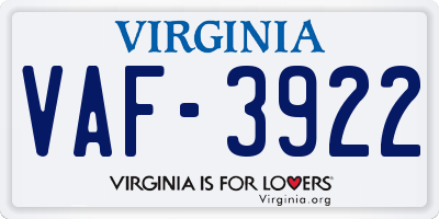 VA license plate VAF3922