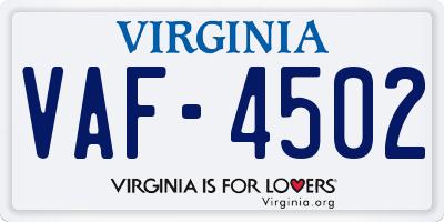 VA license plate VAF4502