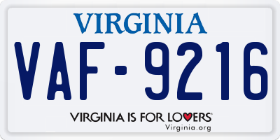 VA license plate VAF9216