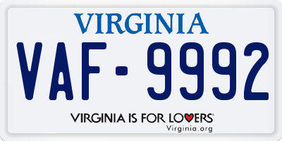 VA license plate VAF9992