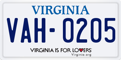 VA license plate VAH0205