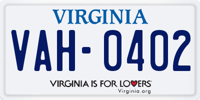 VA license plate VAH0402