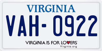 VA license plate VAH0922