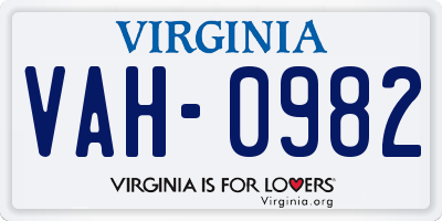 VA license plate VAH0982