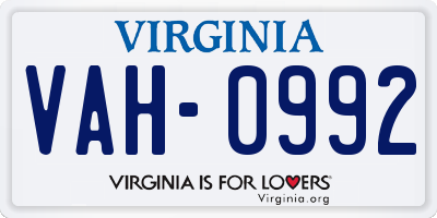 VA license plate VAH0992