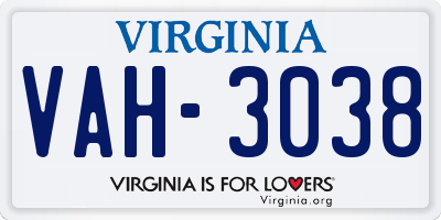 VA license plate VAH3038