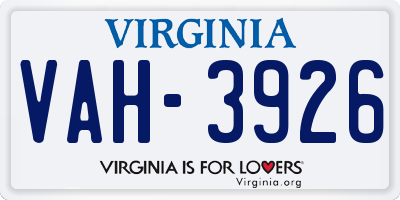 VA license plate VAH3926