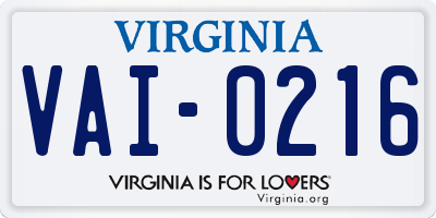 VA license plate VAI0216