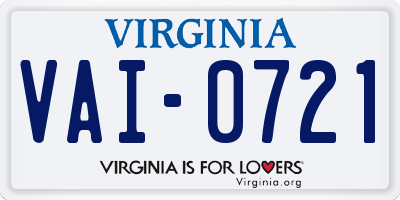 VA license plate VAI0721