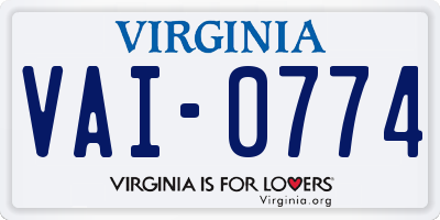 VA license plate VAI0774